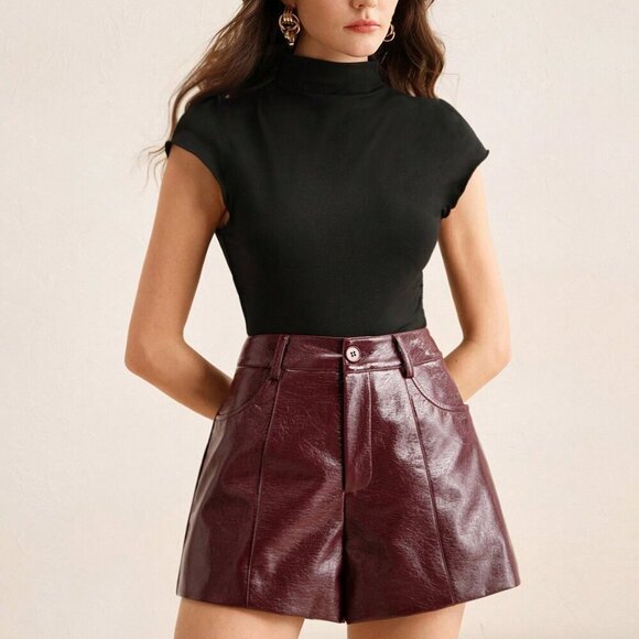Burgundy Casual Women's Business Chic Iridescent Faux Leather Shorts - Picture 3 of 6